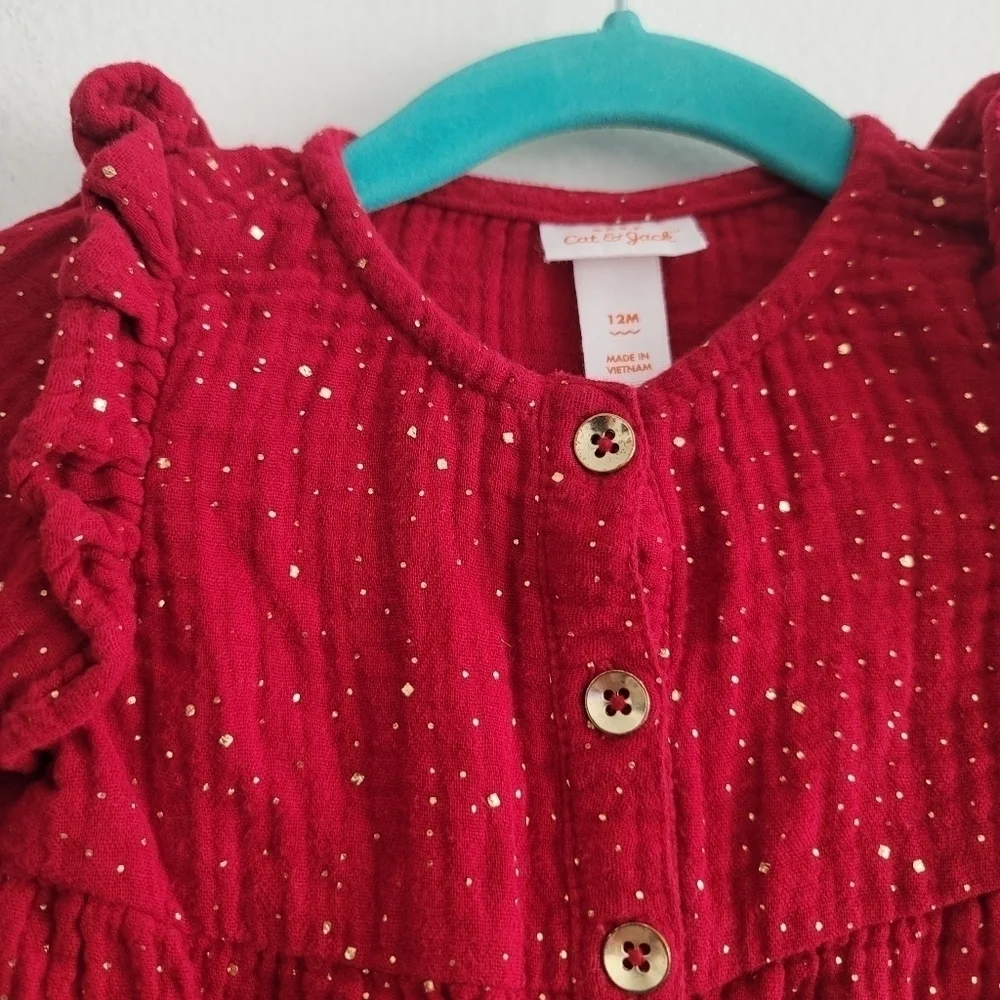 Baby Cat & Jack 12M Deep Red Metallic Gold Fleck Gauze Cotton Ruffle Jumpsuit